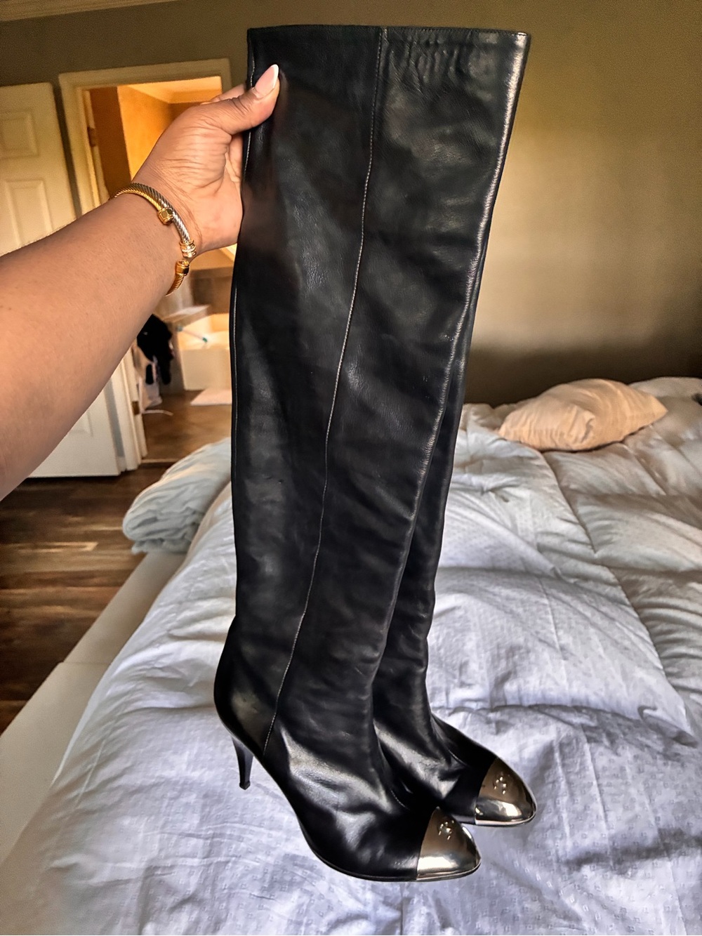 AUTHENTIC Black Leather CHANEL Knee-High Boots with Silver Cap Toe - Picture 10 of 12